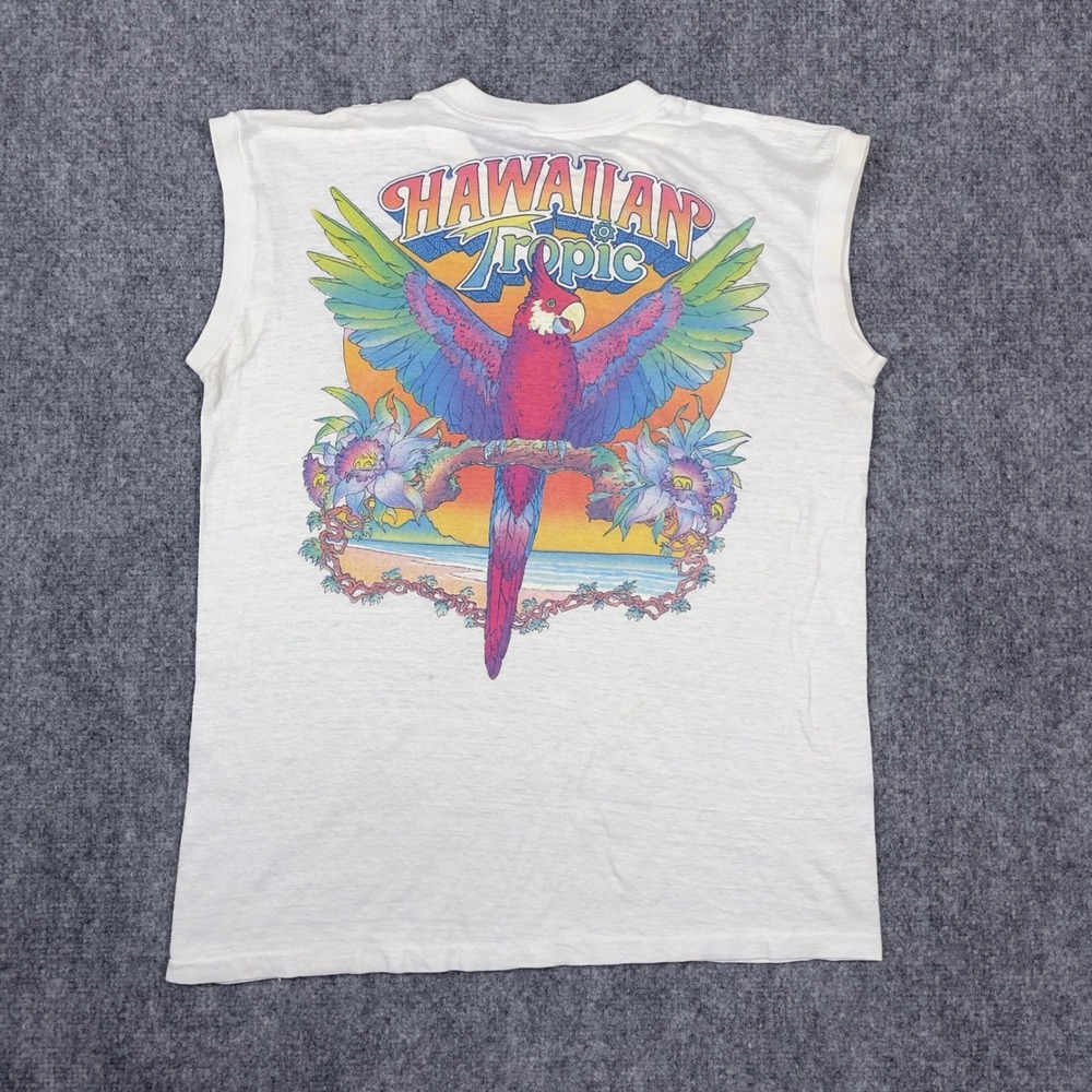 Vintage 80s Hawaiian Tropic Muscle Tee Mens L White Florida Parrot Graphic